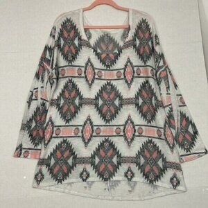 S2J Sweater, Lightweight Soft Knit, White with Pink & Gray Pattern, XL